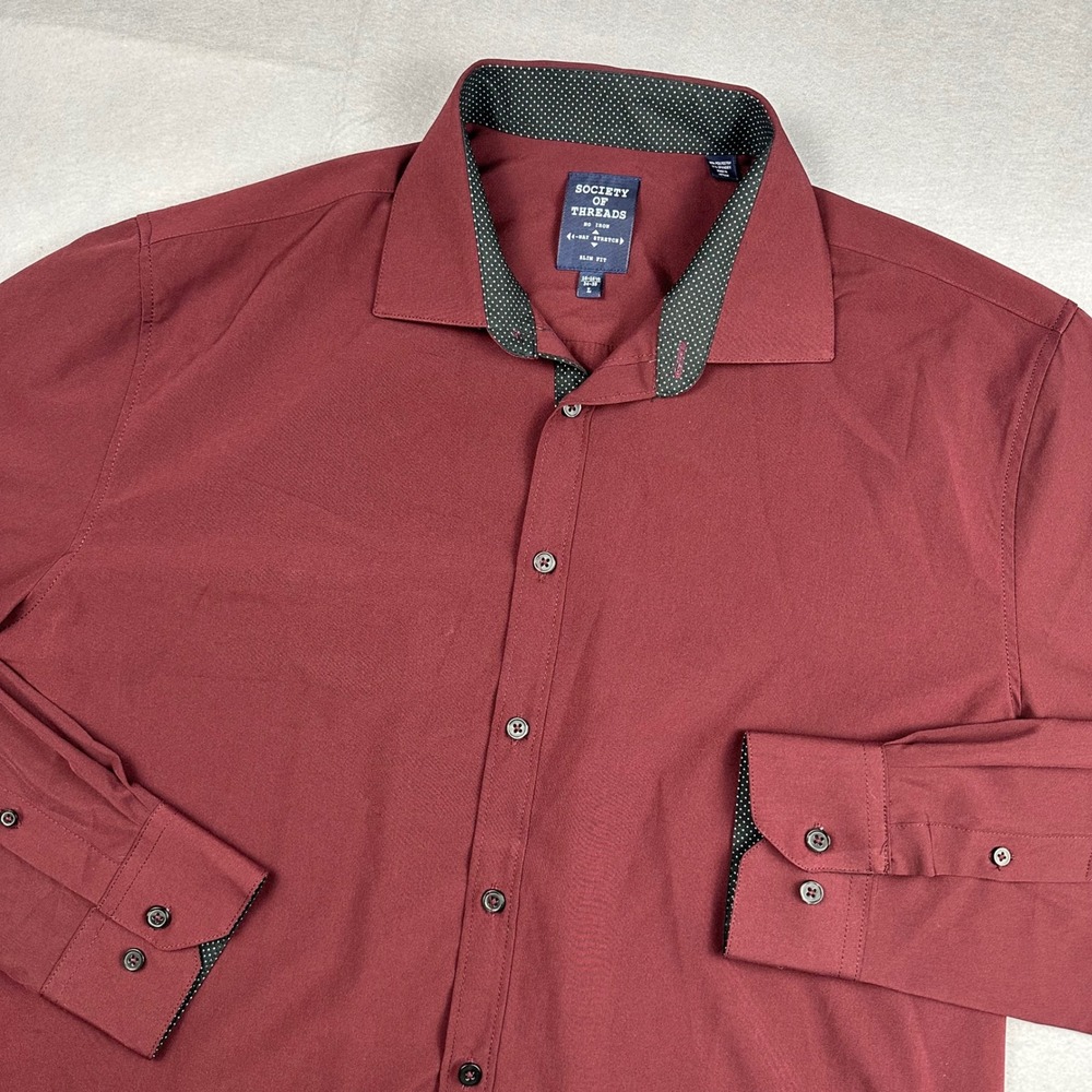 Society of Threads Mens Slim Fit Dress Shirt L Burgundy No Iron 4-Way Stretch